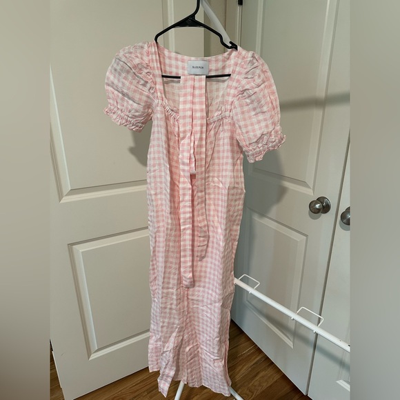 EUC Daily Sleeper Brigitte Linen-Blend Pink Gingham Midi Dress Size S - Picture 5 of 6